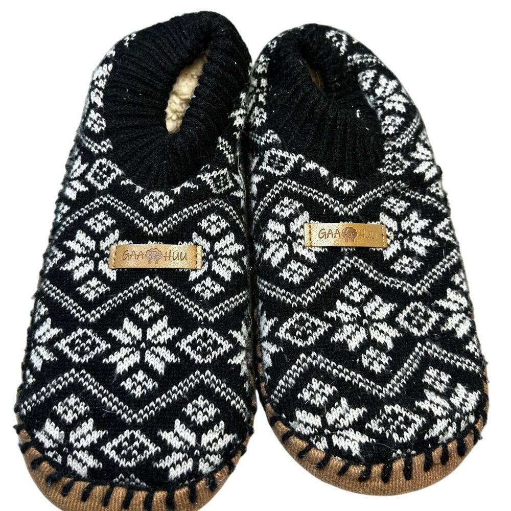 GaaHuu Slipper Socks Black White Fair Isle Knit Fleece Lined Non Slip Cozy